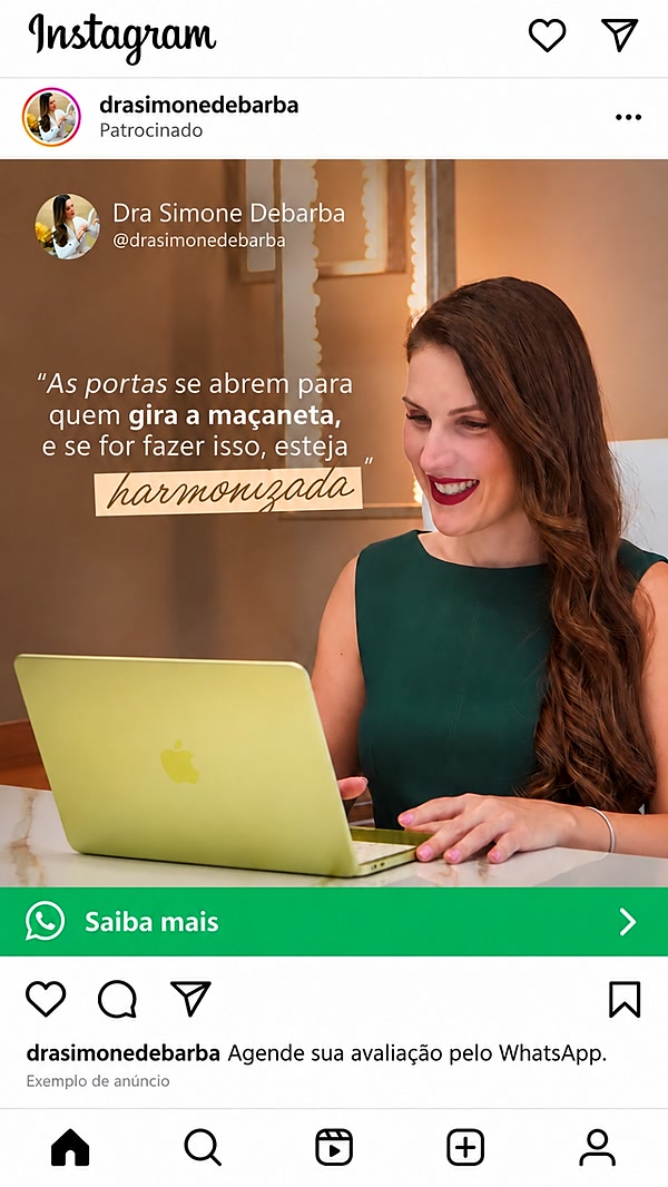 Anúncio da Dra. Simone Debarba no Instagram, com botão para o WhatsApp