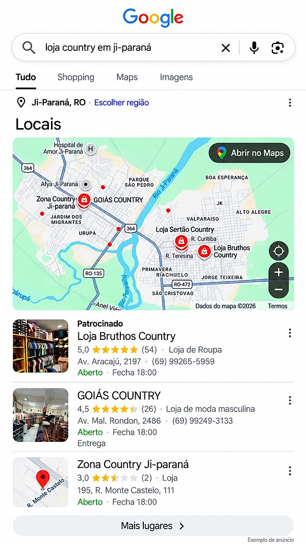 Loja Bruthos Country patrocinada nos resultados de locais do Google, em Ji-Paraná